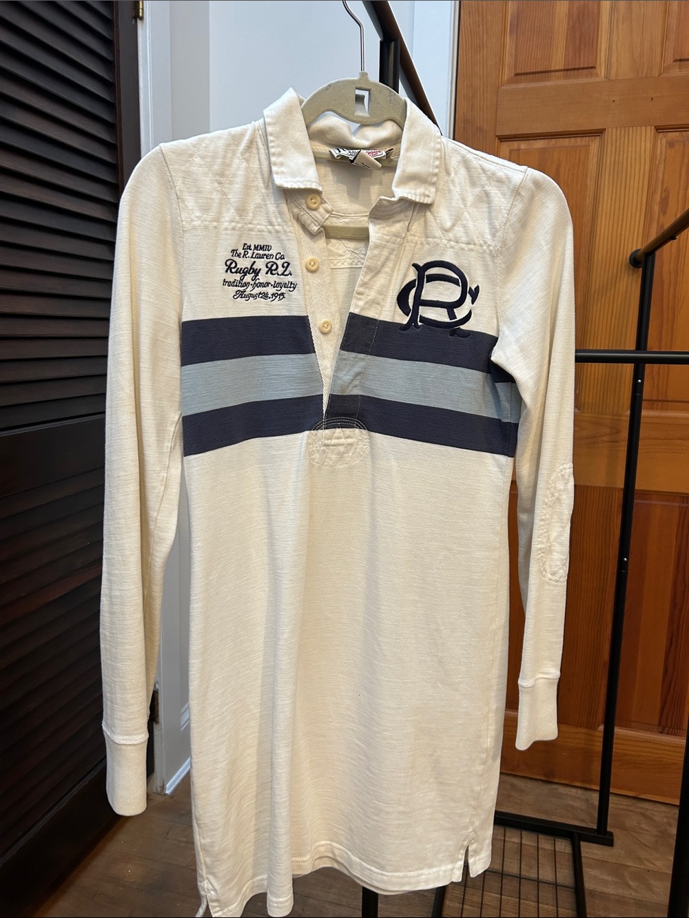 Long-Sleeve Rugby Jersey Dress in Off-White with Navy Stripes